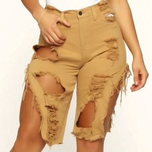 Brown distressed stretch jean shorts